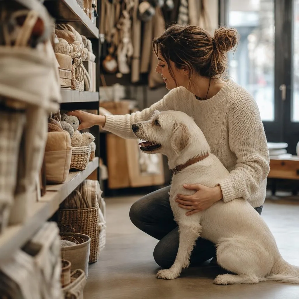 Quiet workspace with pet bowls and a folded blanket in natural light