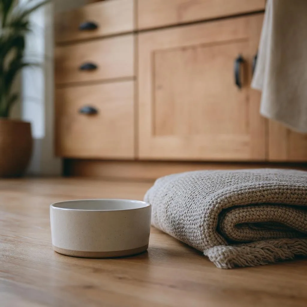 A ceramic pet bowl and a folded blanket on a wooden kitchen floor